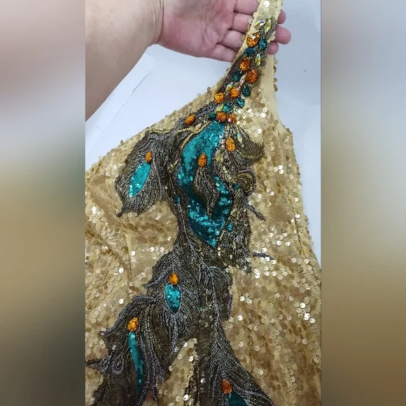 Nina Canacci Gold Peacock Sequin Beaded Dress Rhinestones - Picture 2 of 4